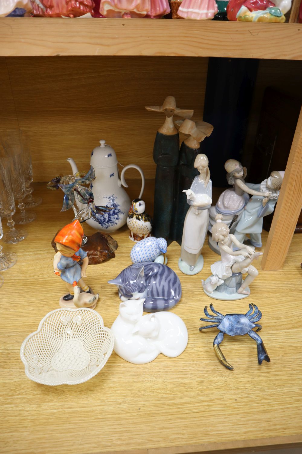 Four Lladro porcelain figures, a Rosenthal coffee pot, Herend quail, Copenhagen cat and other items to include Derby and Belleek